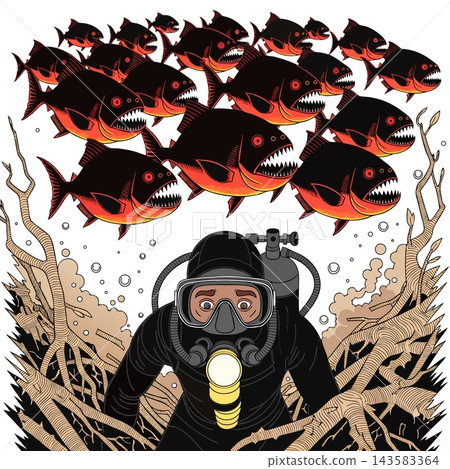 This illustration captures a life-threatening encounter between a diver and a school of bloodthirsty piranhas 143583364