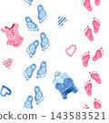 Seamless pattern featuring baby footprints, onesies, and hearts in blue and pink, hand-painted with watercolors on an isolated background. A nursery illustration for wrapping paper and textiles. 143583521