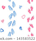 Seamless pattern featuring baby footprints, onesies, and hearts in blue and pink, hand-painted with watercolors on an isolated background. A nursery illustration for wrapping paper and textiles 143583522