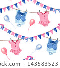 Seamless pattern featuring baby outfits, balloons, and blue and pink bunting, hand-painted in watercolor on a plain background. A nursery-style illustration for wrapping paper and textiles. 143583523