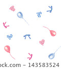 Seamless pattern featuring hearts, bows, balloons, and bunting in blue and pink; hand-painted in watercolor on a plain background. A children's illustration suitable for wrapping paper and textiles 143583524
