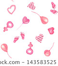 Seamless pattern featuring hearts, balloons, footprints, and a pink gender symbol, hand-painted in watercolor on an isolated background; clipart for wrapping paper and textiles for a baby girl 143583525