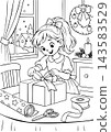 Christmas Coloring Page of a Girl Tying a Gift Bow 143583529