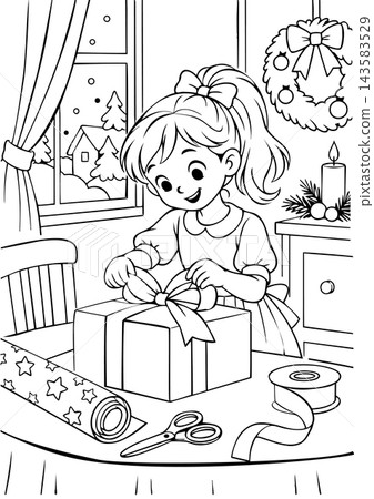 Christmas Coloring Page of a Girl Tying a Gift Bow Christmas Coloring Page of a Girl Tying a Gift Bow 143583529