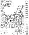 Snowman Coloring Page of a Boy Putting a Top Hat on a Snowman 143583530