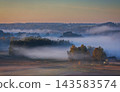Fields covered in fog in Kernave, Lithuania 143583574