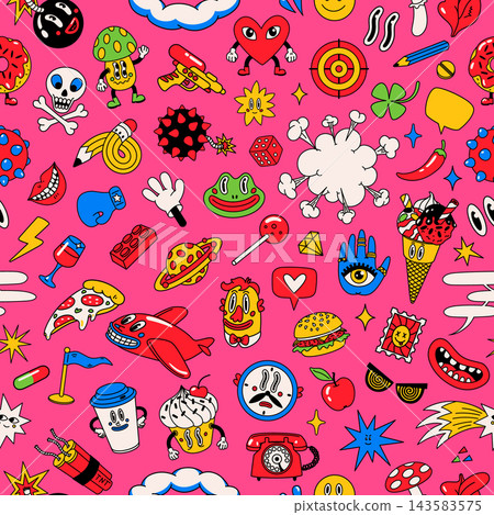 Comic cartoon sticker with pop art food and doodles Comic cartoon sticker with pop art food and doodles 143583575