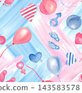 A simple, bright, seamless watercolor pattern in blue and pink, featuring gender reveal party motifs balloons, baby footprints, and hearts hand-painted in a children's illustration style. 143583578