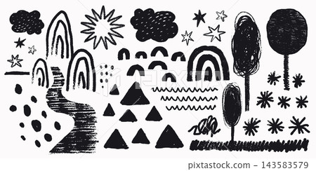Chalk crayon texture with rainbow shapes. Star, cloud and triangle marks pair with hand drawn trees for kids designs Chalk crayon texture with rainbow shapes. Star, cloud and triangle marks pair with hand drawn trees for kids designs 143583579