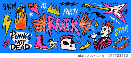 Punk rock sticker doodle set with skull, guitar, fire and tattoo symbols in colorful funky style on blue background. Rock punk graphics for posters, merch and album prints Punk rock sticker doodle set with skull, guitar, fire and tattoo symbols in colorful funky style on blue background. Rock punk graphics for posters, merch and album prints 143583580