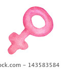 A stylized pink female gender symbol, hand-painted in watercolor on an isolated background. Simple gender symbol clipart for decorating gifts, holidays, parties, or women's restrooms 143583584