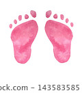 Stylized pink footprints of a pair of baby feet, hand-painted in watercolor on an isolated background. Simple clipart for decorating gifts, holidays, parties, and directional signs 143583585
