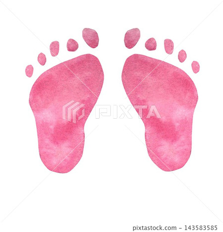 Stylized pink footprints of a pair of baby feet, hand-painted in watercolor on an isolated background. Simple clipart for decorating gifts, holidays, parties, and directional signs Stylized pink footprints of a pair of baby feet, hand-painted in watercolor on an isolated background. Simple clipart for decorating gifts, holidays, parties, and directional signs 143583585