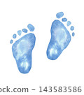 Stylized blue footprints of a pair of children's feet, hand-painted in watercolor on an isolated background. Simple clipart for decorating gifts, holidays, parties, and directional signs. 143583586