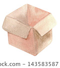 An open, empty cardboard box, hand-painted in watercolor on an isolated background. Simple clipart for advertising and design related to retail, delivery services, product packaging, gifts, moving. 143583587
