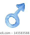 A stylized blue male gender symbol, hand-painted in watercolor on an isolated background. A simple gender symbol clipart suitable for decorating gifts, holidays, parties, or men's restrooms 143583588