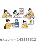 A set of illustrations of a woman listing, packing, and shipping items on a flea market app. 143583612