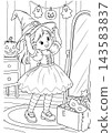 Halloween Coloring Page of a Girl Trying on a Witch Hat in Front of a Mirror 143583837