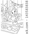 Halloween Coloring Page of a Girl Decorating a Ghost Cookie with Icing 143583838