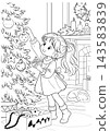 Christmas Coloring Page of a Girl Decorating the Christmas Tree 143583839