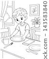 Kids Coloring Page of a Boy Placing a Plate on the Table 143583840