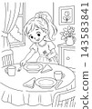 Kids Coloring Page of a Girl Setting the Table with Plates and Cutlery 143583841