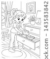 Girl putting folded clothes away in an open dresser drawer coloring page 143583842