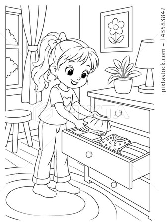 Girl putting folded clothes away in an open dresser drawer coloring page 143583842