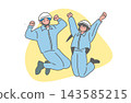 A flat vector illustration of male and female workers energetically jumping against a yellow background. 143585215