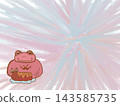 Cute hand-drawn illustration of a happy pink frog character with a swiss roll cake on a soft pastel  143585735
