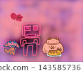 Cute hand-drawn illustration featuring fun characters: a pink robot, baby dragon 143585736