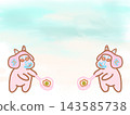 Two cute pink monster characters cooking fried eggs facing each other on a pastel sky background, offering copy space for food menus 143585738