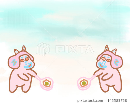 Two cute pink monster characters cooking fried eggs facing each other on a pastel sky background, offering copy space for food menus Two cute pink monster characters cooking fried eggs facing each other on a pastel sky background, offering copy space for food menus 143585738