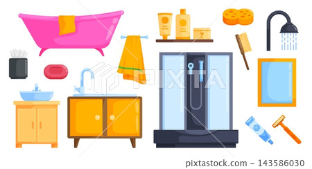 Collection of bathroom and personal care illustrations including towels soap razor cream and sink for home interior and hygiene designs Collection of bathroom and personal care illustrations including towels soap razor cream and sink for home interior and hygiene designs 143586030