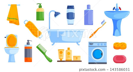 Illustrations of bathroom fixtures and hygiene products including toilet sink mirror shampoo and laundry items for home and plumbing designs Illustrations of bathroom fixtures and hygiene products including toilet sink mirror shampoo and laundry items for home and plumbing designs 143586031