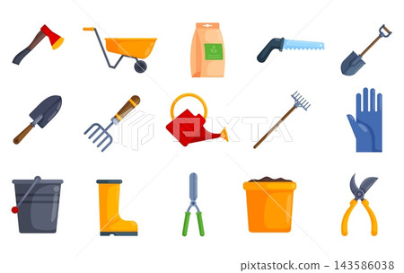 Collection of gardening equipment illustrations including saw pruner trowel boots gloves seeds and watering items for farm and landscaping designs Collection of gardening equipment illustrations including saw pruner trowel boots gloves seeds and watering items for farm and landscaping designs 143586038