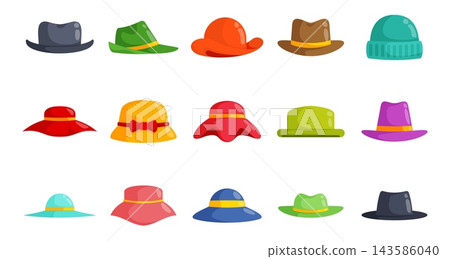Collection of retro and classic hats for gentlemen and ladies including beret visor felt and magician styles for fashion and costume designs Collection of retro and classic hats for gentlemen and ladies including beret visor felt and magician styles for fashion and costume designs 143586040