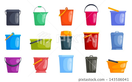 Illustrations of household and industrial containers including zinc pails tubs baskets and mops for cleaning and emergency safety themes Illustrations of household and industrial containers including zinc pails tubs baskets and mops for cleaning and emergency safety themes 143586041