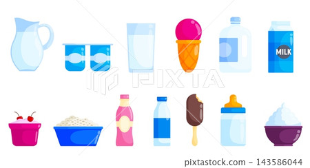 Collection of milk cartons bottles glasses yogurt and gelato illustrations for dairy packaging healthy food menus and farm product designs Collection of milk cartons bottles glasses yogurt and gelato illustrations for dairy packaging healthy food menus and farm product designs 143586044