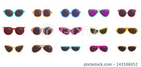 Collection of retro and modern sunglasses illustrations with various frames and lenses for summer fashion accessory shops and sun protection themes 143586052