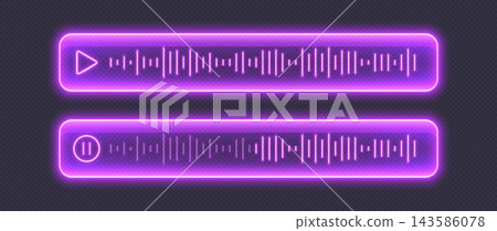 Neon voice message, purple glowing audio player with sound waves. Neon voice message, purple glowing audio player with sound waves. 143586078