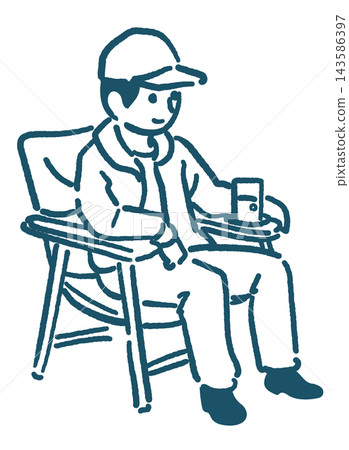 An illustration of a man enjoying camping. Camping equipment. Hand-drawn style vector graphic. An illustration of a man enjoying camping. Camping equipment. Hand-drawn style vector graphic. 143586397