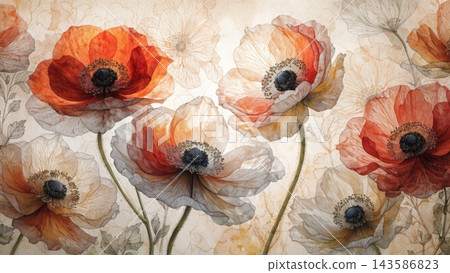 A luminous botanical fine art illustration of delicate anemone flowers A luminous botanical fine art illustration of delicate anemone flowers 143586823
