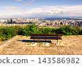 A comfortable bench in a viewing area with panoramic views of the sea and the city. 143586982
