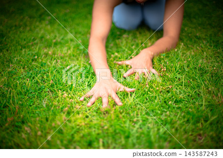 Hands connecting with green grass outdoors feeling nature Hands connecting with green grass outdoors feeling nature 143587243