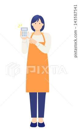 A full-body illustration of a housewife using a calculator to estimate household expenses, simulating living costs and pointing to her finger. 143587541