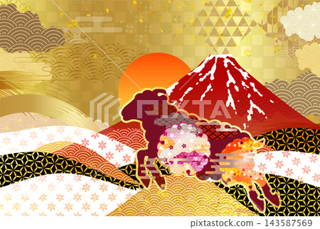 Traditional Japanese mountain and golden decorative patterns and animal silhouettes Traditional Japanese mountain and golden decorative patterns and animal silhouettes 143587569