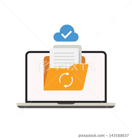 PrintLaptop with Folder Documents and Cloud Backup Checkmark Sync Graphic PrintLaptop with Folder Documents and Cloud Backup Checkmark Sync Graphic 143588637