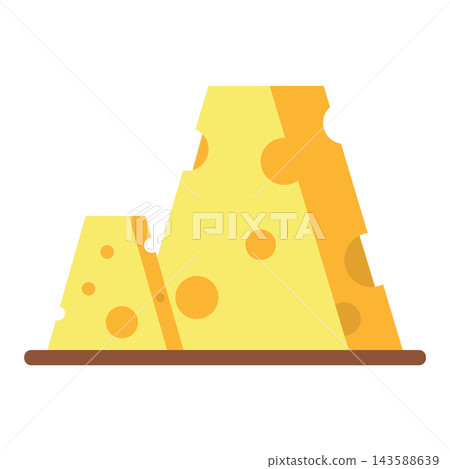 Pair of Sliced Swiss Cheese Wedges with Holes on cutting board illustration Pair of Sliced Swiss Cheese Wedges with Holes on cutting board illustration 143588639
