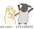 A white sheep and a black sheep playing together 143588692